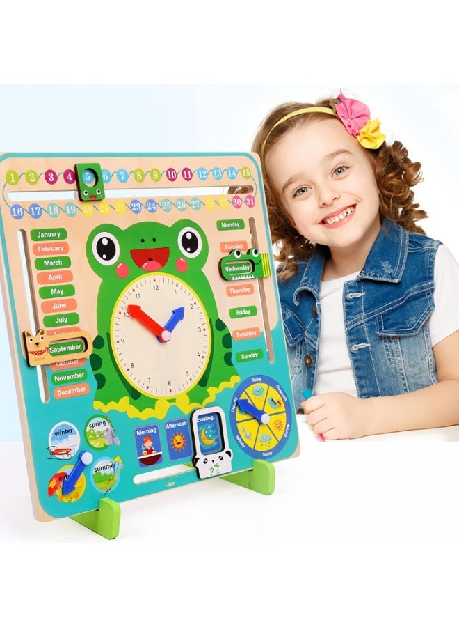 MOSH Montessori Wooden Toys Kids Clock Toy Unique Frog Shape Wooden Learning Toy for Toddlers 36 Month+ Year Olds Learn About Seasons Month Days of Week Time Educational Toys - Image 3